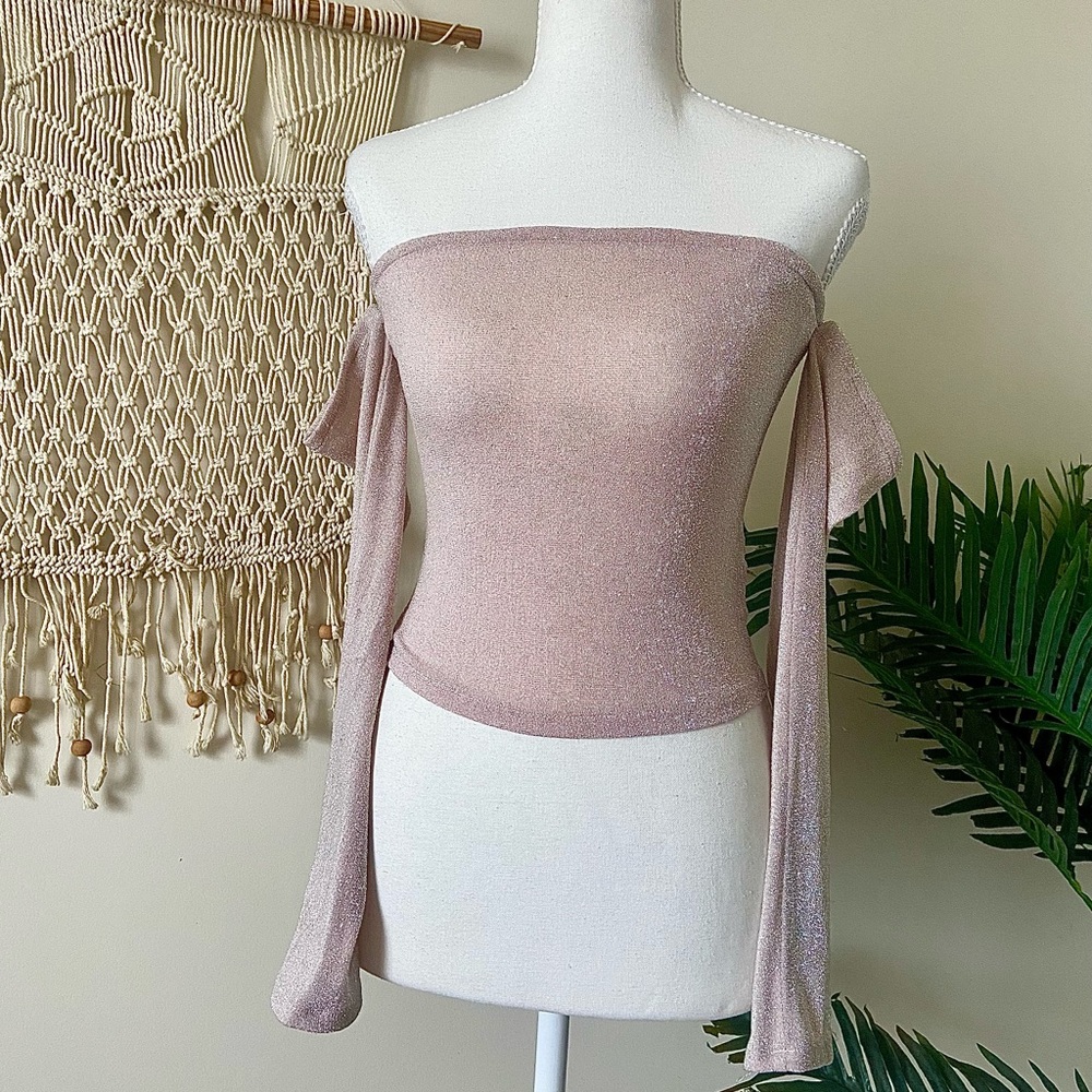 ✨ Forever 21 Champagne Pink Glitter Metallic Tube Top with Sleeves